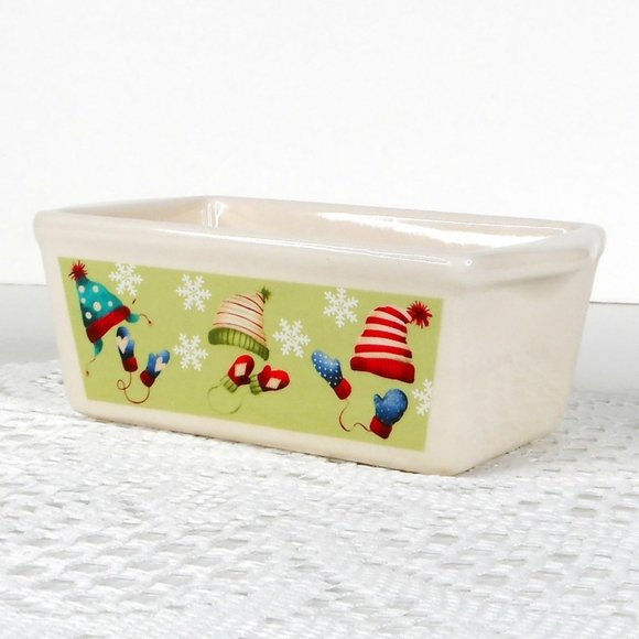 Nantucket Loaf Pan Beige Ceramic Stoneware Mini 5 x 3 In. Hats Mittens Christmas - Picture 5 of 8